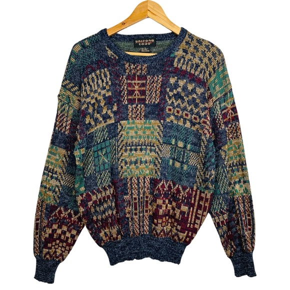 Vintage Funky 80’s Geometric Knit Oversized Balloon Sleeve Pullover Ski Sweater